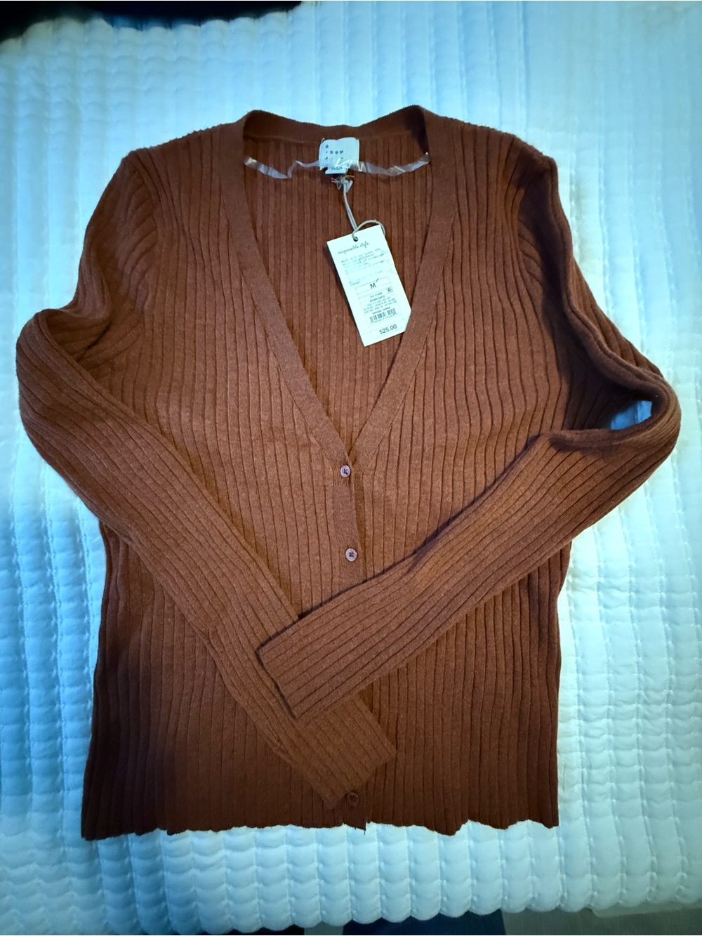 Women's Fine Gauge Ribbed Cardigan - A New Day™ Brown Size Med - Picture 9 of 9